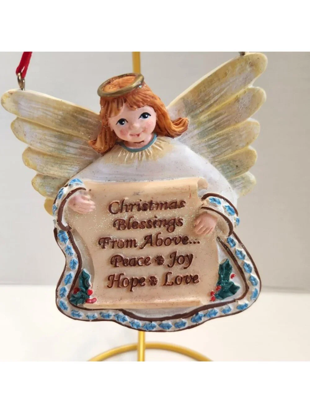 Christmas Angel Ornament With Blessings Scroll & Red Ribbon 4.5